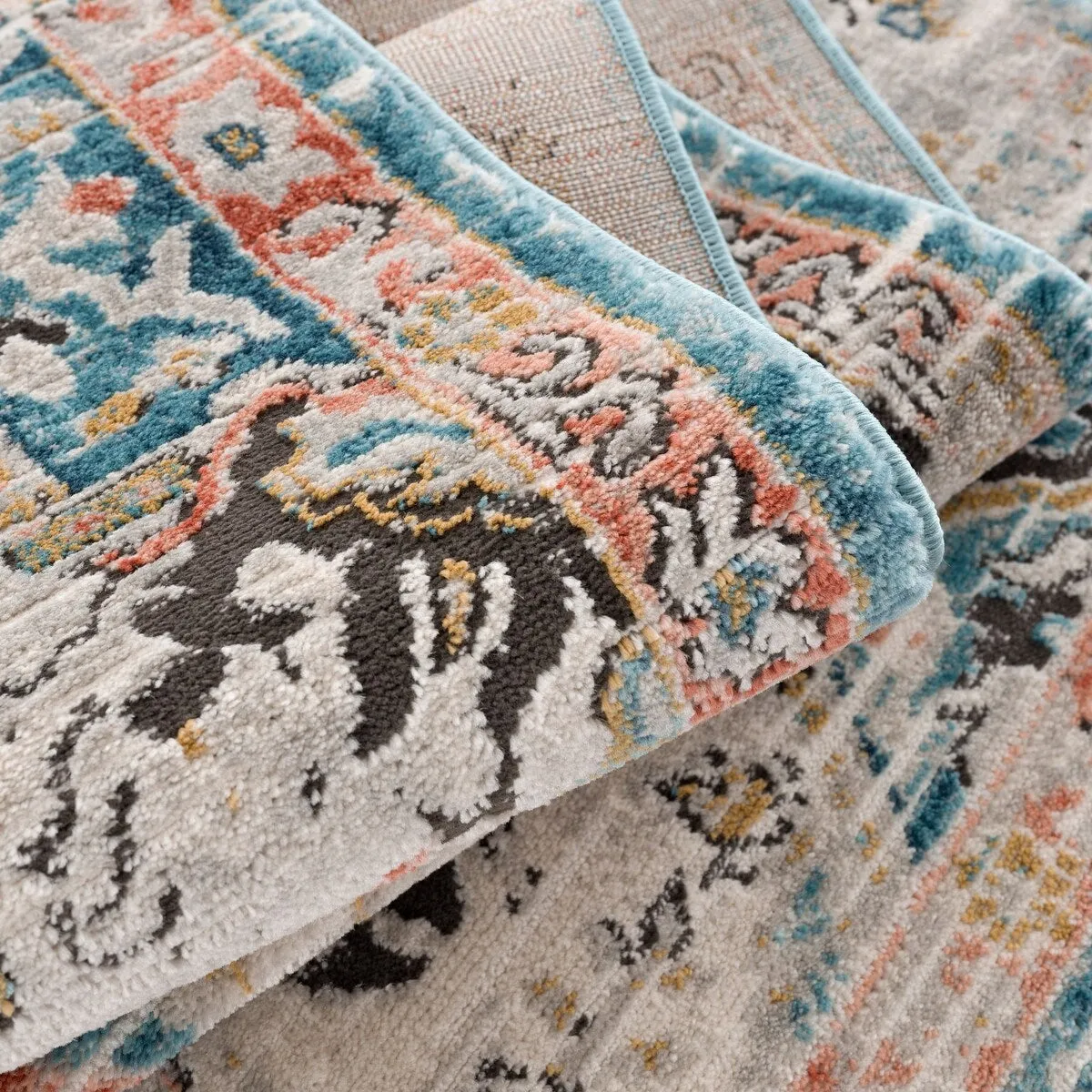 Traditional Persian Oriental Distressed Teal Turquoise Ivory Grey Orange Area Rug