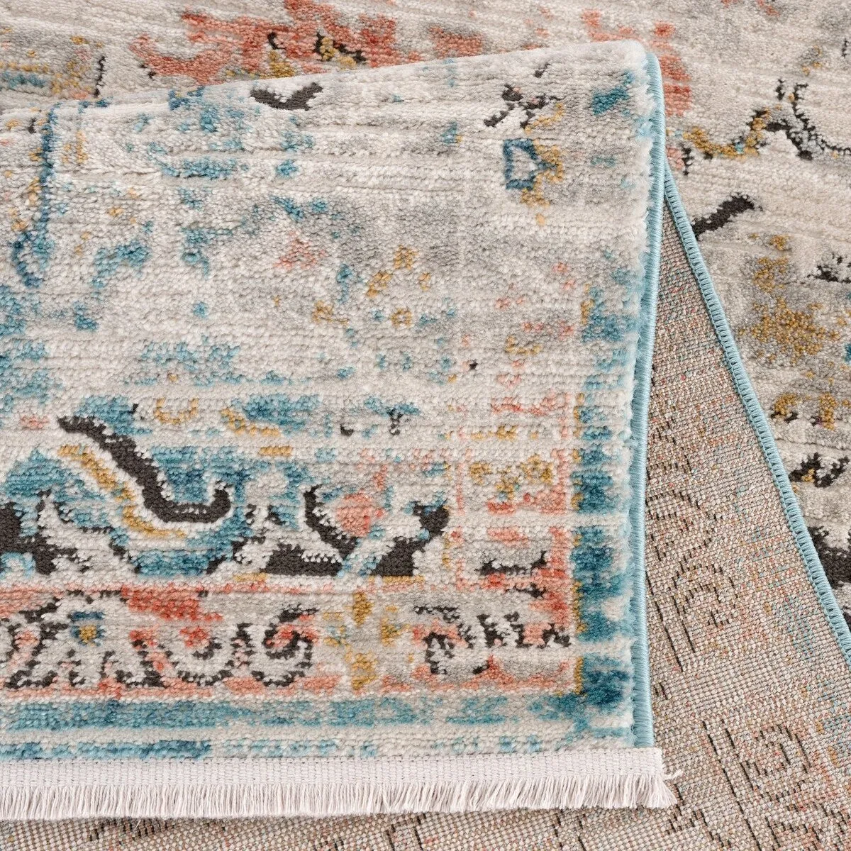 Traditional Persian Oriental Distressed Teal Turquoise Ivory Grey Orange Area Rug