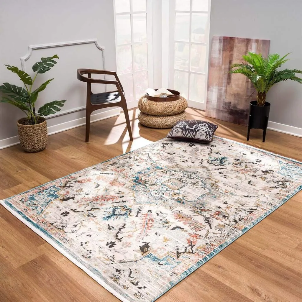 Traditional Persian Oriental Distressed Teal Turquoise Ivory Grey Orange Area Rug