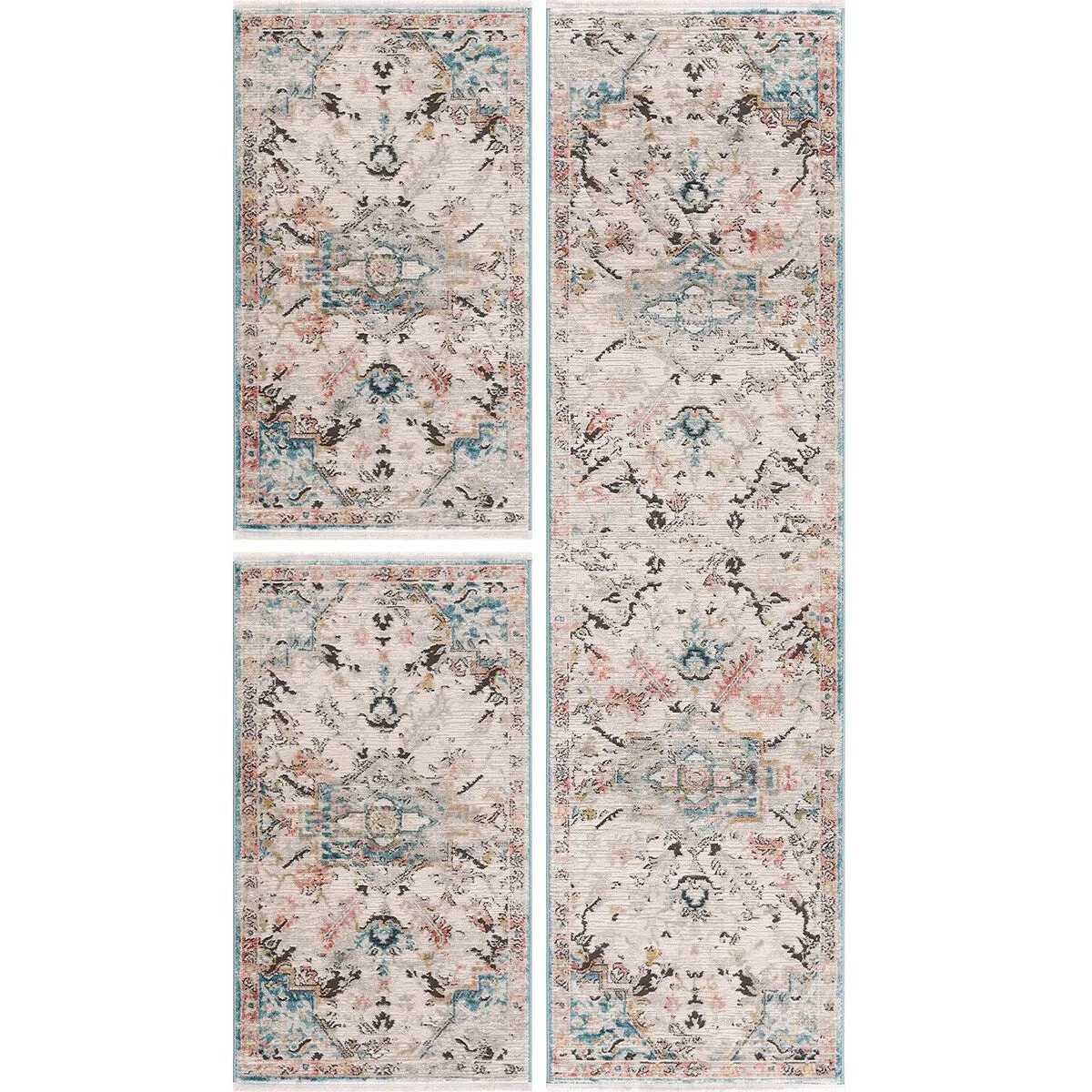 Traditional Persian Oriental Distressed Teal Turquoise Ivory Grey Orange Area Rug