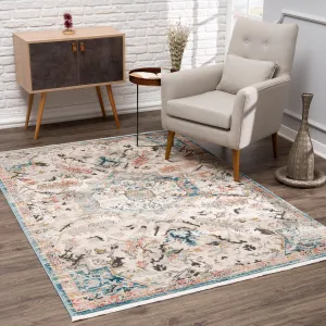 Traditional Persian Oriental Distressed Teal Turquoise Ivory Grey Orange Area Rug